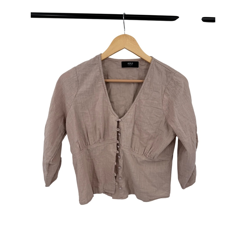 ABLE Women Mauve Cotton Gauze Button Front V-Neck 3/4 Sleeve Top Size S